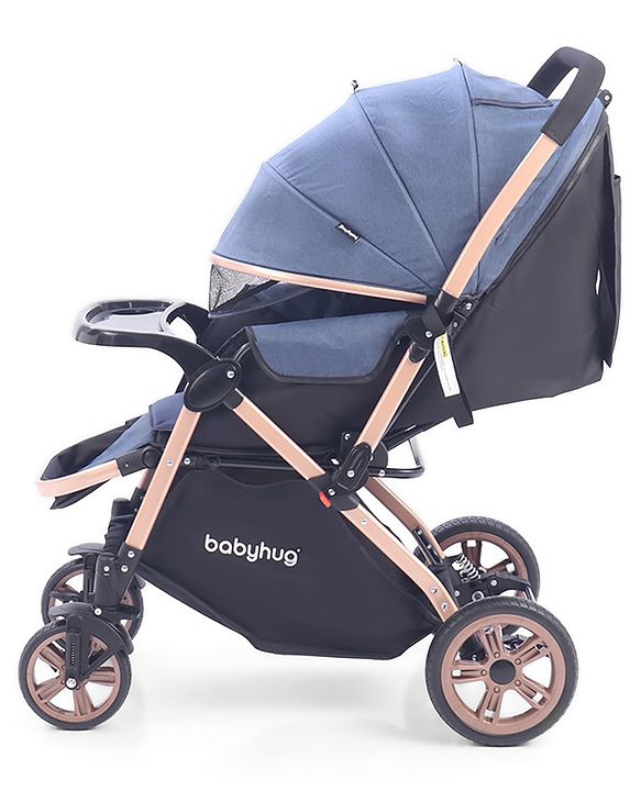 Babyhug Stroller with Reversible Handle & Feeding Tray - Khaki| Reversible Handle| Suspension Wheels| Linen Fabric| Front Swivel Wheels| Storage Basket| Linked Brake| Food Tray