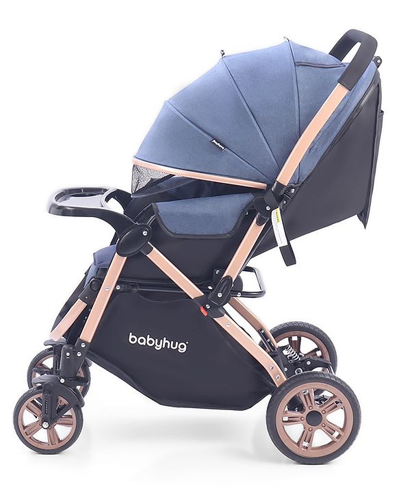 Babyhug Stroller with Reversible Handle & Feeding Tray - Khaki| Reversible Handle| Suspension Wheels| Linen Fabric| Front Swivel Wheels| Storage Basket| Linked Brake| Food Tray