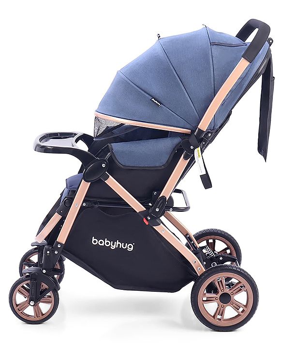 Babyhug Stroller with Reversible Handle & Feeding Tray - Khaki| Reversible Handle| Suspension Wheels| Linen Fabric| Front Swivel Wheels| Storage Basket| Linked Brake| Food Tray
