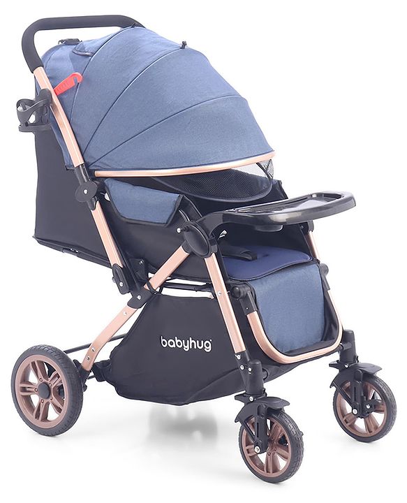 Babyhug Stroller with Reversible Handle & Feeding Tray - Khaki| Reversible Handle| Suspension Wheels| Linen Fabric| Front Swivel Wheels| Storage Basket| Linked Brake| Food Tray