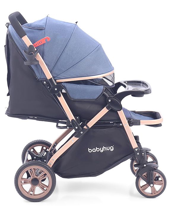Babyhug Stroller with Reversible Handle & Feeding Tray - Khaki| Reversible Handle| Suspension Wheels| Linen Fabric| Front Swivel Wheels| Storage Basket| Linked Brake| Food Tray