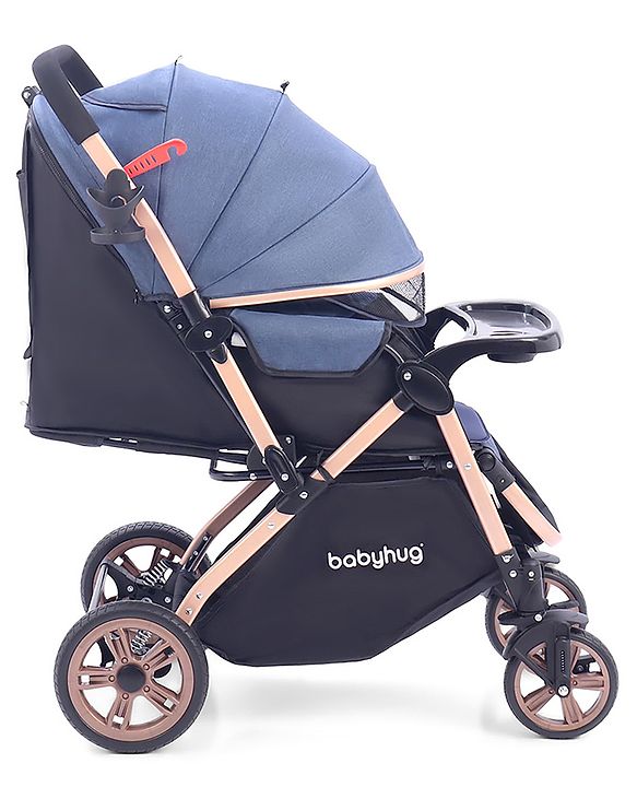 Babyhug Stroller with Reversible Handle & Feeding Tray - Khaki| Reversible Handle| Suspension Wheels| Linen Fabric| Front Swivel Wheels| Storage Basket| Linked Brake| Food Tray