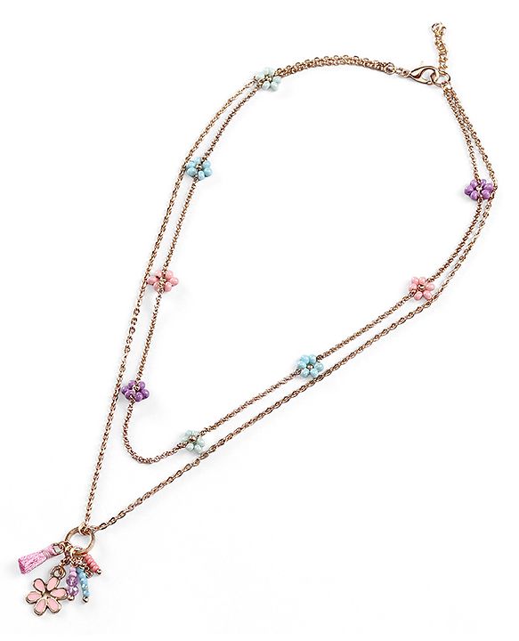 Pine Kids Metal Necklace For Kids With Beads & Floral Charm - Multicolor