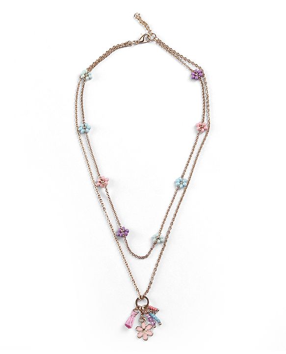 Pine Kids Metal Necklace For Kids With Beads & Floral Charm - Multicolor