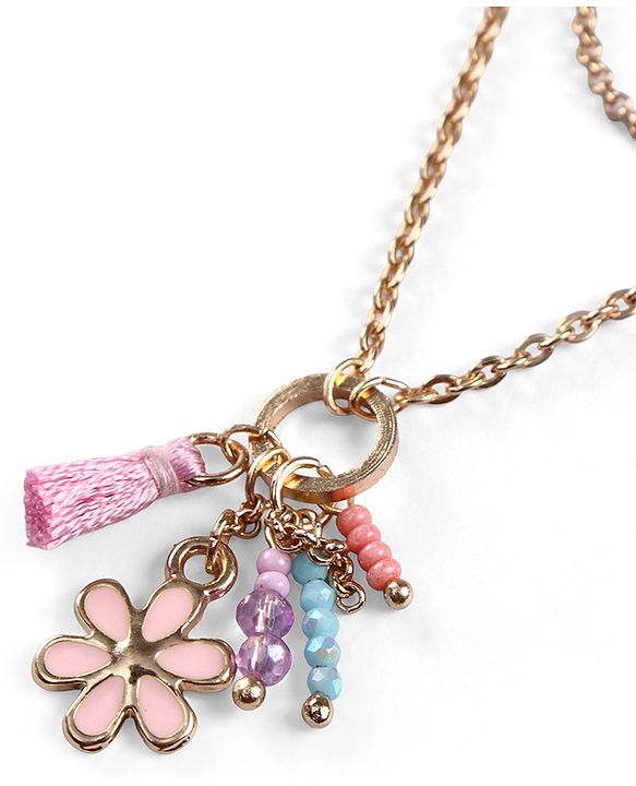 Pine Kids Metal Necklace For Kids With Beads & Floral Charm - Multicolor