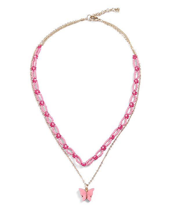 Pine Kids Metal Necklace For Kids With Beads & Butterfly Charm - Pink & Gold