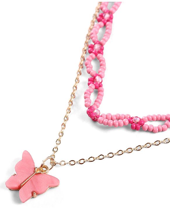 Pine Kids Metal Necklace For Kids With Beads & Butterfly Charm - Pink & Gold
