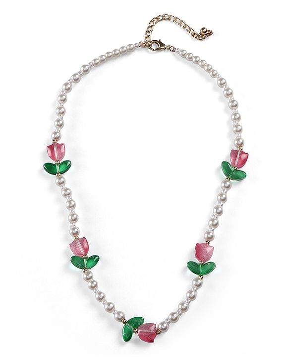 Babyhug Metal Necklace For Kids With Pearls & Floral Charms - Pink & White