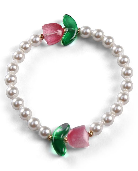 Babyhug Metal Necklace For Kids With Pearls & Floral Charms - Pink & White