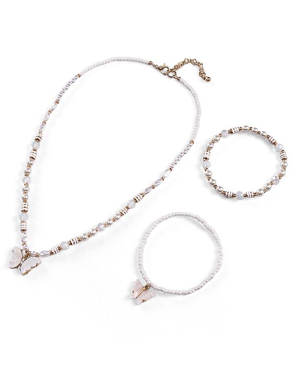 Babyhug Metal Necklace & Bracelet Jewellery Combo With Pearls & Butterfly Charms - White