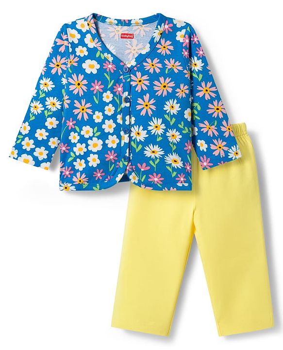Babyhug Single Jersey Knit Full Sleeves Top & Leggings Set with Floral Print - Yellow & Blue