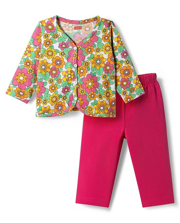 Babyhug Single Jersey Knit Full Sleeves Top & Leggings Set with Floral Print - Pink