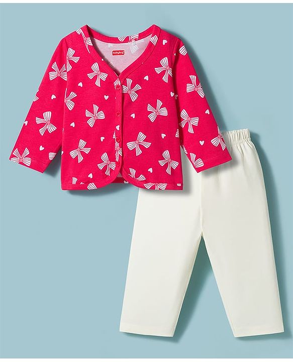 Babyhug Single Jersey Knit Full Sleeves Bow Printed Top & Leggings Set - Red & White