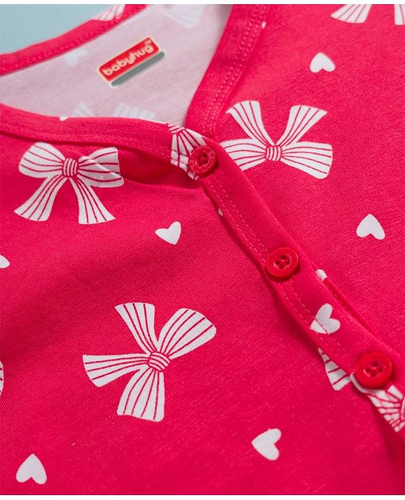 Babyhug Single Jersey Knit Full Sleeves Bow Printed Top & Leggings Set - Red & White