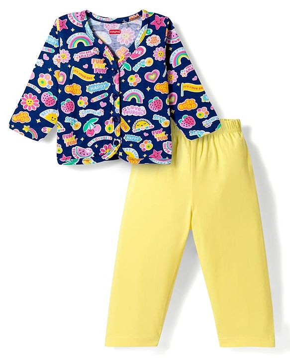Babyhug Single Jersey Knit Full Sleeves Top & Leggings Set with Tropical Theme Print - Yellow & Blue