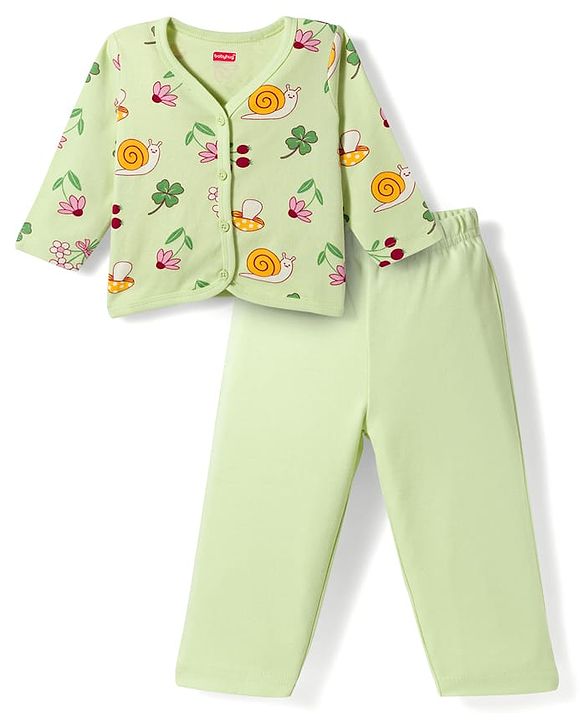 Babyhug Single Jersey Knit Full Sleeves Top & Leggings Set with Tropical Theme Print - Light Green