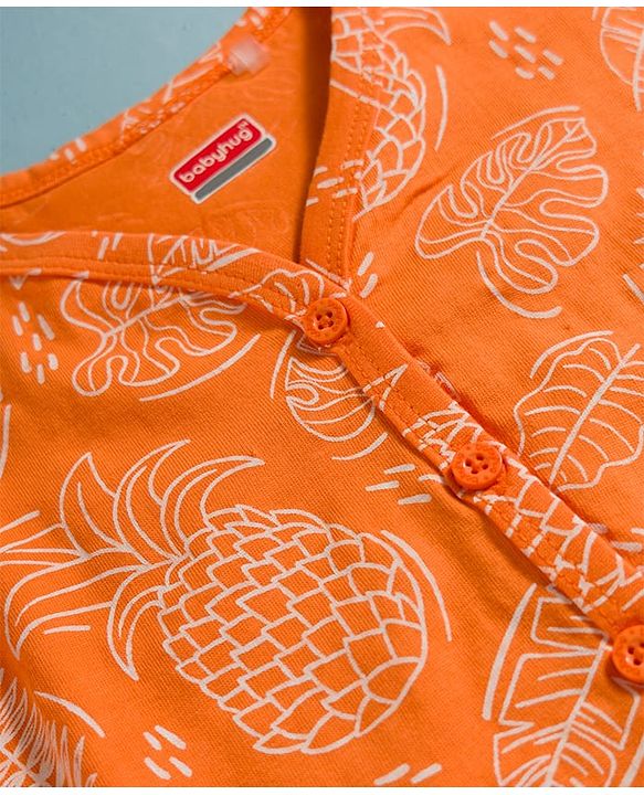 Babyhug Single Jersey Knit Full Sleeves Top & Leggings Set with Tropical Theme Print - Orange & White