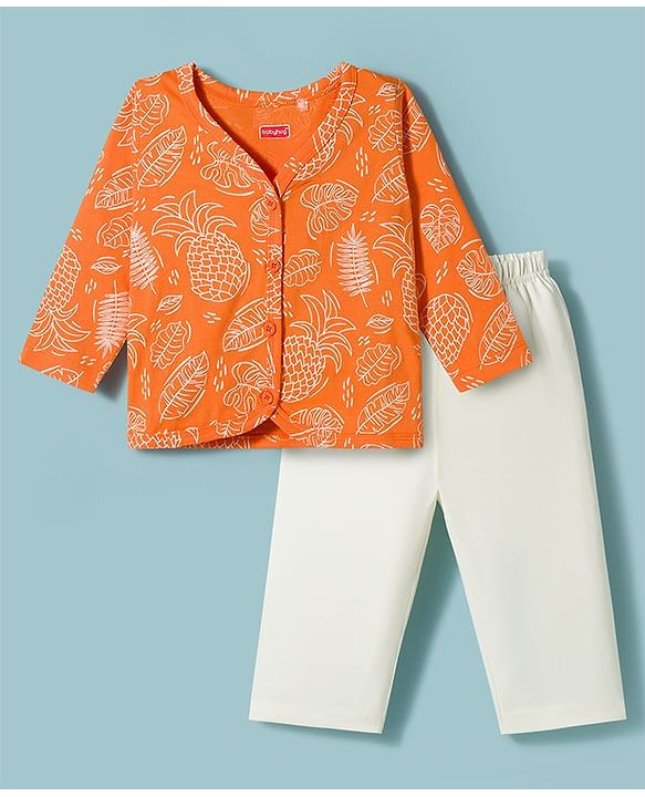 Babyhug Single Jersey Knit Full Sleeves Top & Leggings Set with Tropical Theme Print - Orange & White