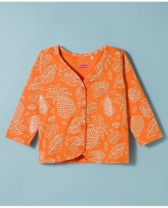 Babyhug Single Jersey Knit Full Sleeves Top & Leggings Set with Tropical Theme Print - Orange & White