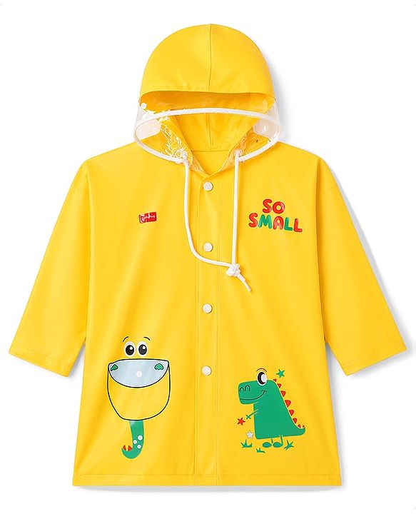 Babyhug Full Sleeves Raincoat with Dino Print - Golden