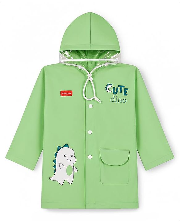 Babyhug Full Sleeves Raincoat with Dino Print - Green