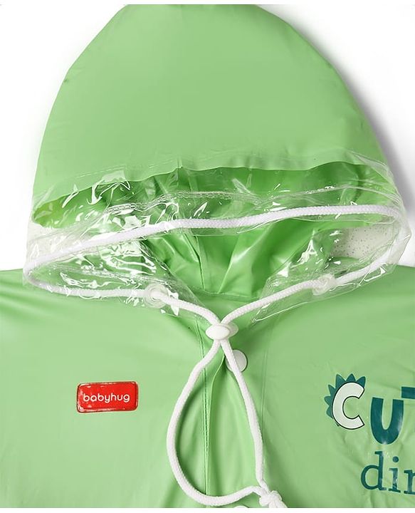 Babyhug Full Sleeves Raincoat with Dino Print - Green