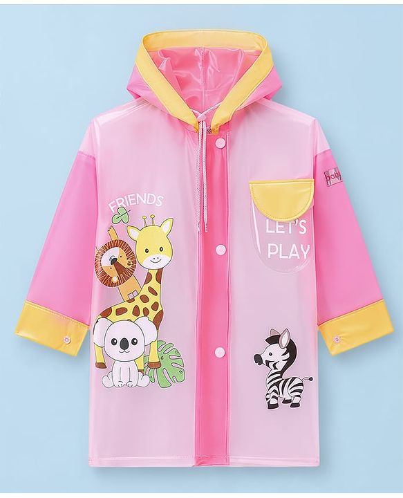 Babyhug Full Sleeves Raincoat with Animal Print - Pink