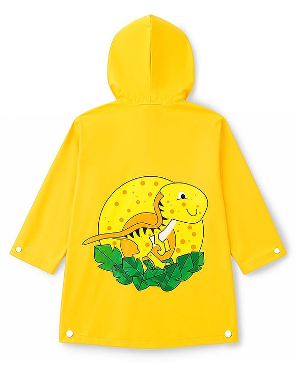 Babyhug Full Sleeves Raincoat with Dino Print - Golden