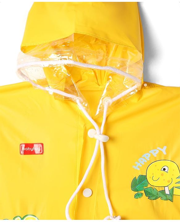 Babyhug Full Sleeves Raincoat with Dino Print - Golden