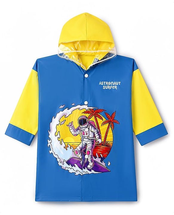 Babyhug Full Sleeves Raincoat with Astronaut Print - Royal Blue