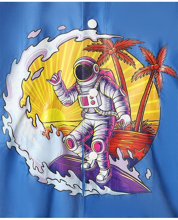 Babyhug Full Sleeves Raincoat with Astronaut Print - Royal Blue