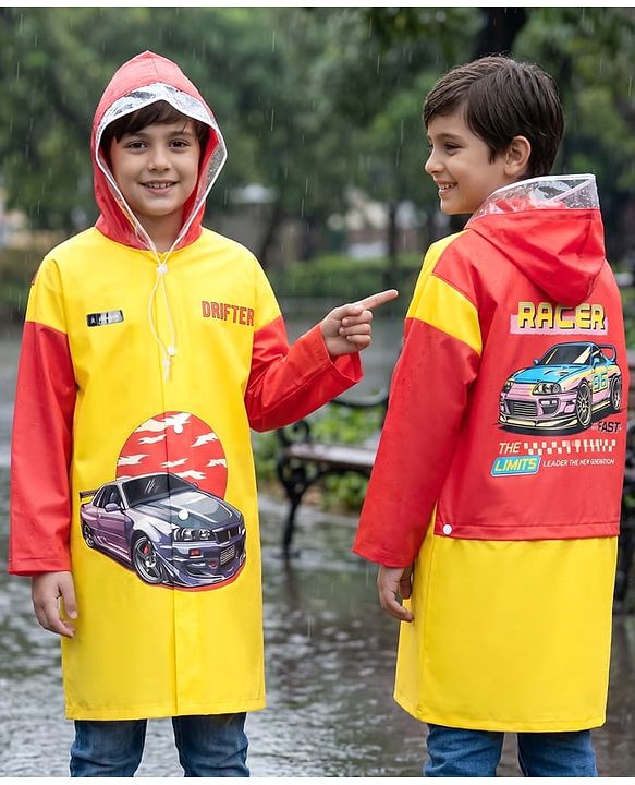 Pine Kids Full Sleeves Raincoat with Car Print - Yellow