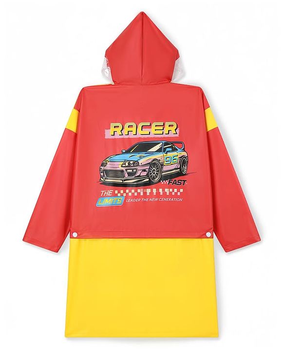 Pine Kids Full Sleeves Raincoat with Car Print - Yellow