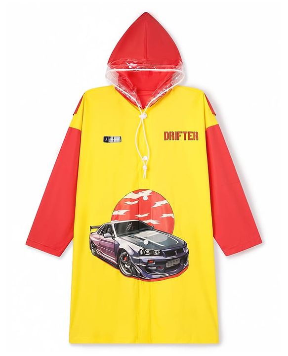 Pine Kids Full Sleeves Raincoat with Car Print - Yellow