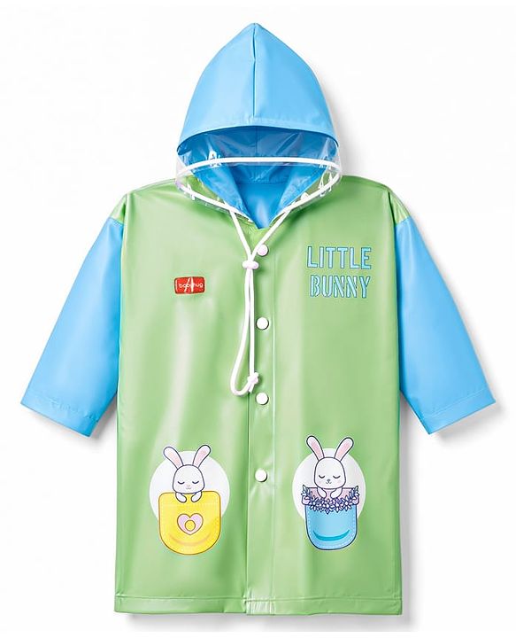 Babyhug Full Sleeves Knee Length Hooded Raincoat with Bunny Print - Green