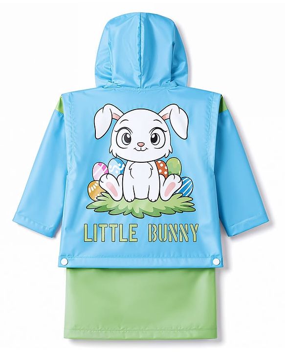 Babyhug Full Sleeves Knee Length Hooded Raincoat with Bunny Print - Green