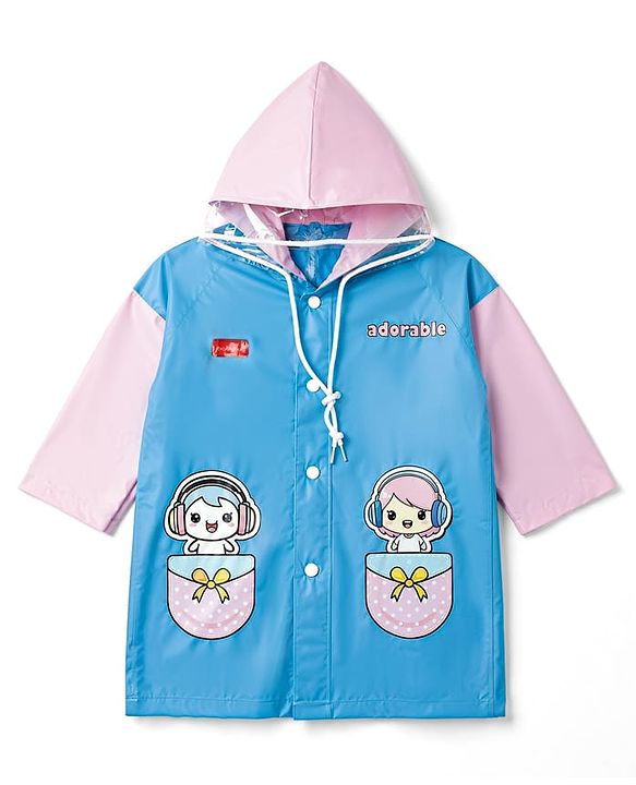 Babyhug Full Sleeves Knee Length Hooded Raincoat with Doll Print - Light Blue