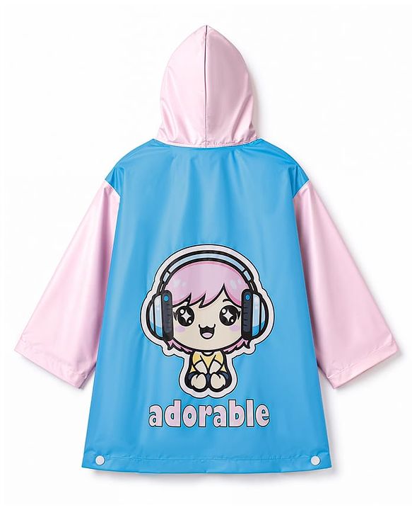 Babyhug Full Sleeves Knee Length Hooded Raincoat with Doll Print - Light Blue