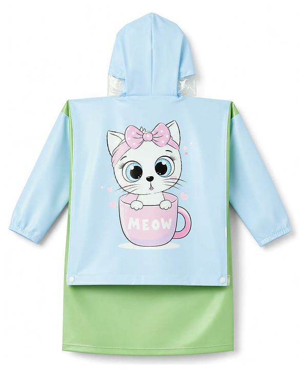 Babyhug Full Sleeves Knee Length Hooded Raincoat with Kitten Print - Light Green