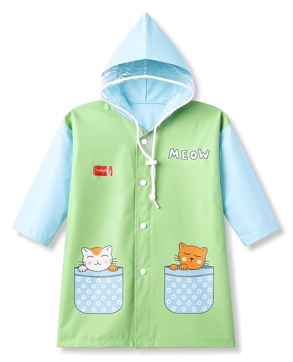 Babyhug Full Sleeves Knee Length Hooded Raincoat with Kitten Print - Light Green