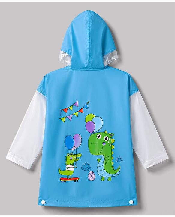 Babyhug Full Sleeves Knee Length Hooded Raincoat with Dino Print - Light Blue