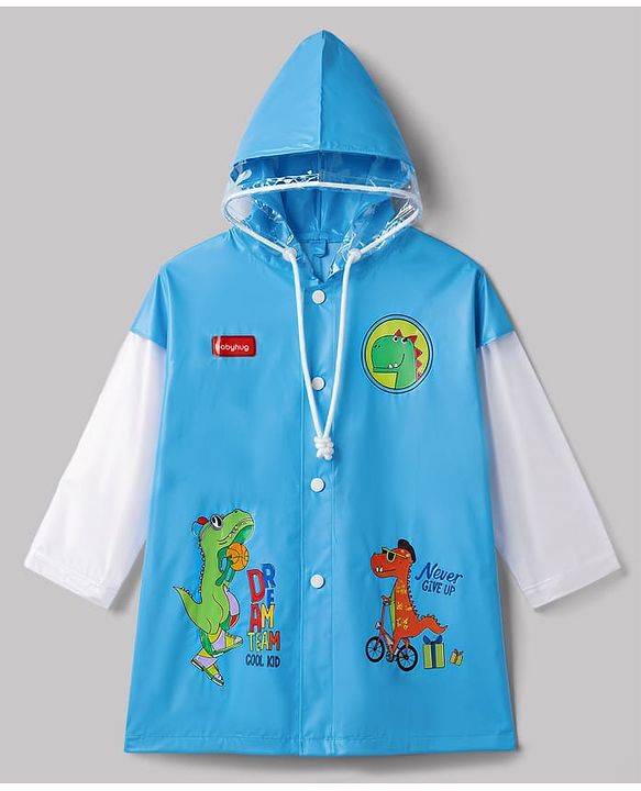 Babyhug Full Sleeves Knee Length Hooded Raincoat with Dino Print - Light Blue