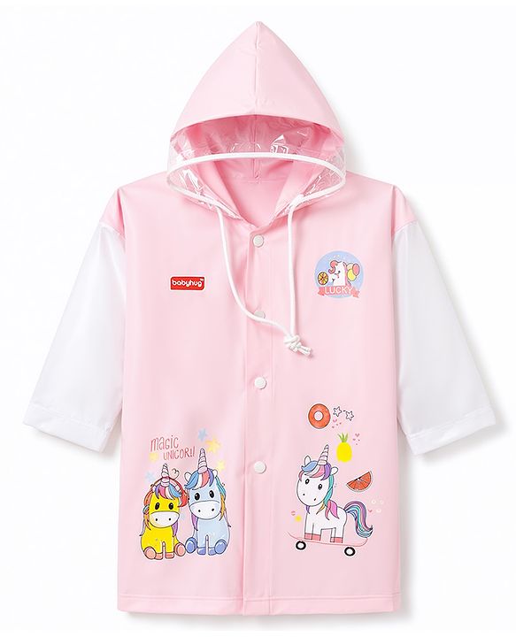 Babyhug Full Sleeves Unicorn Printed Raincoat - Pink