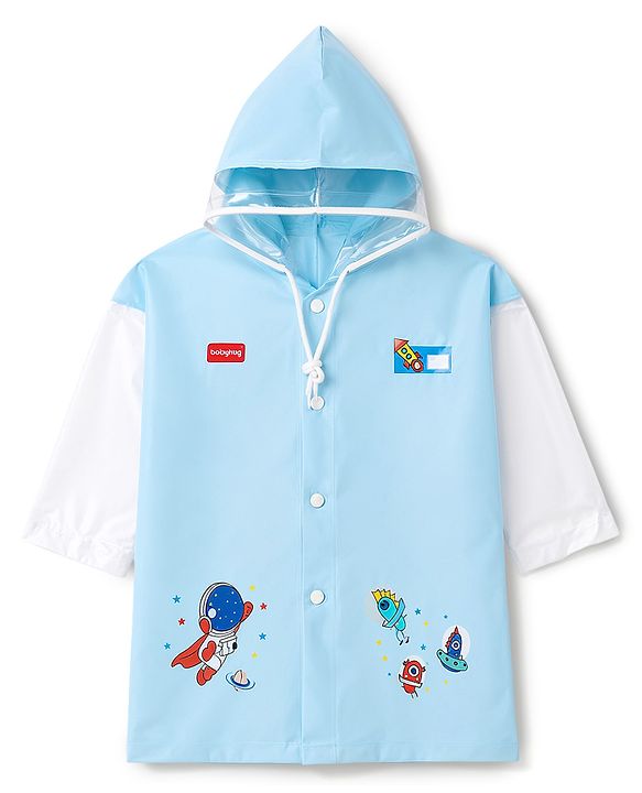 Babyhug Full Sleeves Space Theme Printed Raincoat - Light Blue
