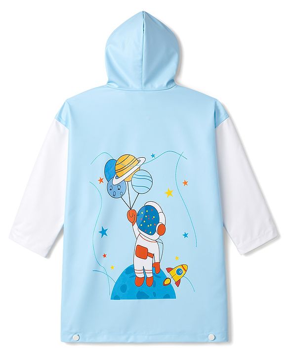 Babyhug Full Sleeves Space Theme Printed Raincoat - Light Blue
