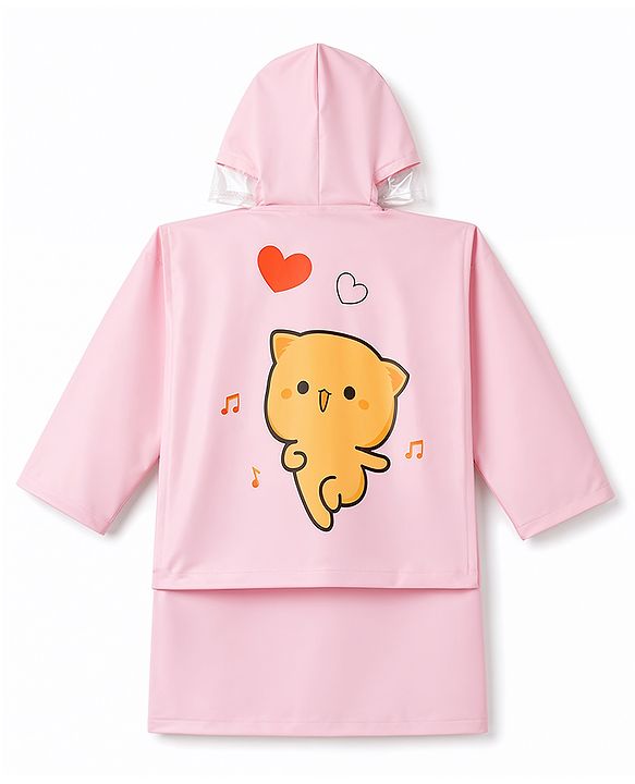 Babyhug Full Sleeves Kitty Printed Raincoat - Pink