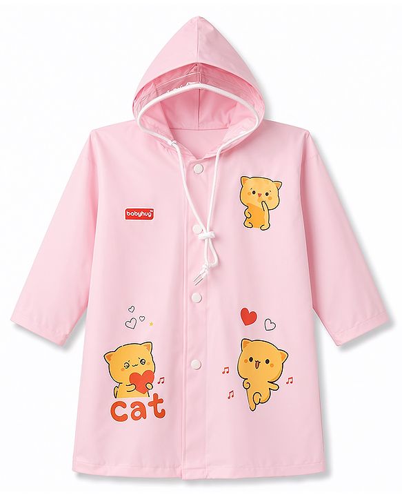 Babyhug Full Sleeves Kitty Printed Raincoat - Pink