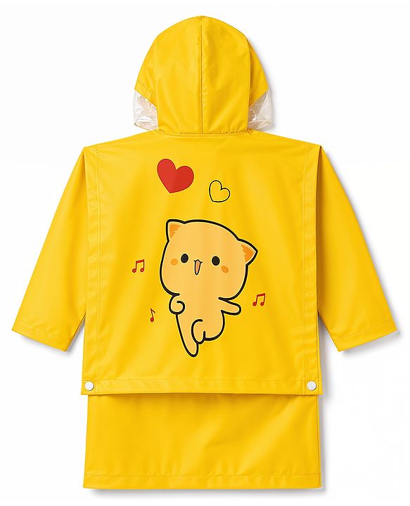 Babyhug Full Sleeves Kitty Printed Raincoat - Yellow