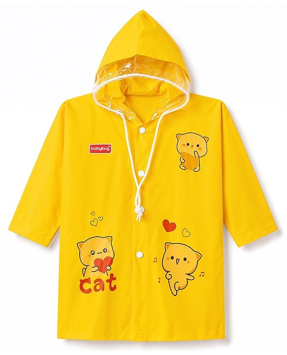 Babyhug Full Sleeves Kitty Printed Raincoat - Yellow