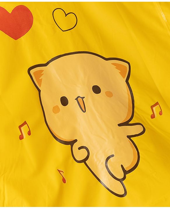 Babyhug Full Sleeves Kitty Printed Raincoat - Yellow